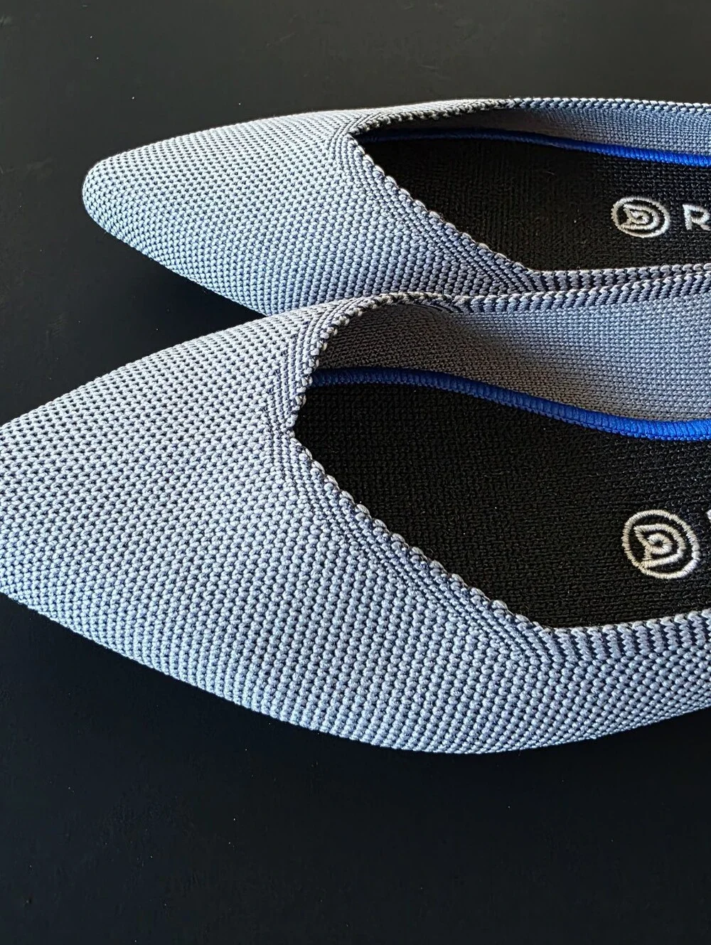 Rothy's Pointed Knit Flats in Light Gray with Blue Trim 8.5